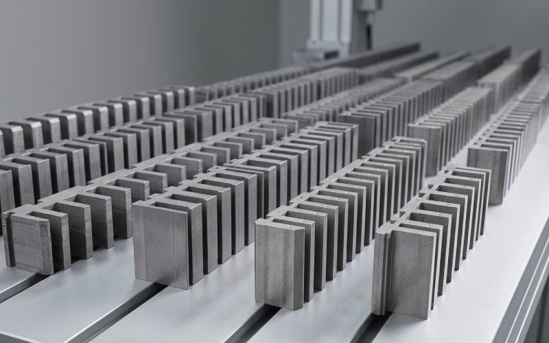 Linear motor lamination stacks arranged in a clean industrial setting