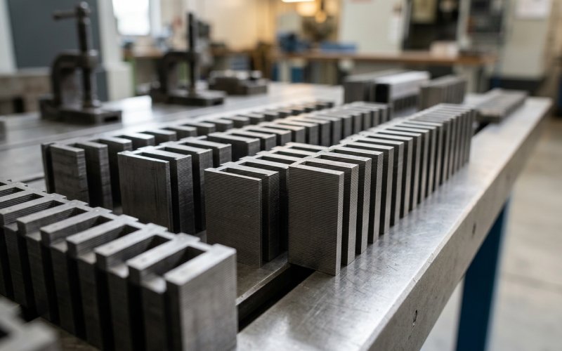 Low-angle close-up of precision linear motor lamination stacks