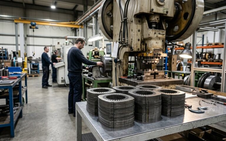 PMSM stator and rotor laminations arranged in a modern factory workshop