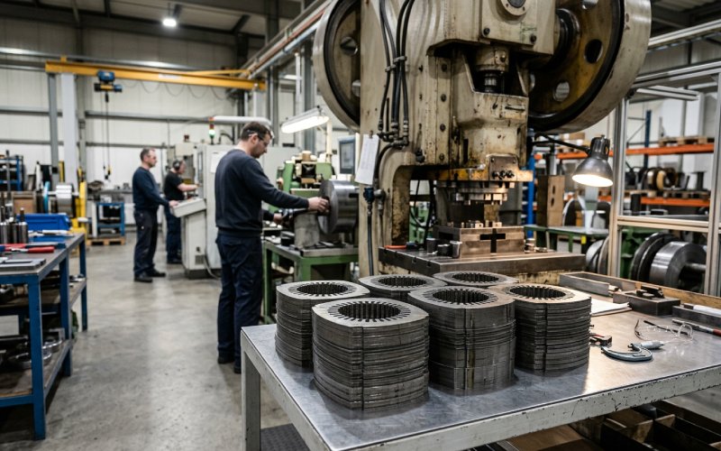 PMSM stator and rotor laminations arranged in a modern factory workshop