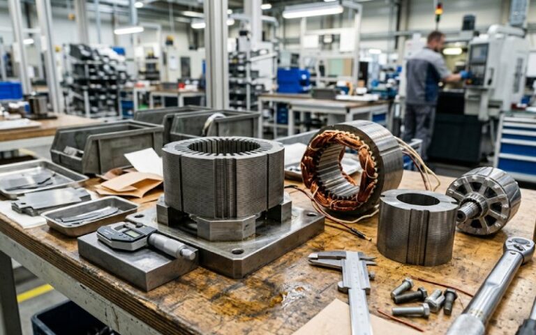 Precision motor lamination stacks and HVAC motor parts on an industrial workbench