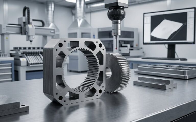 Precision stepper motor lamination stack in a clean industrial manufacturing setting