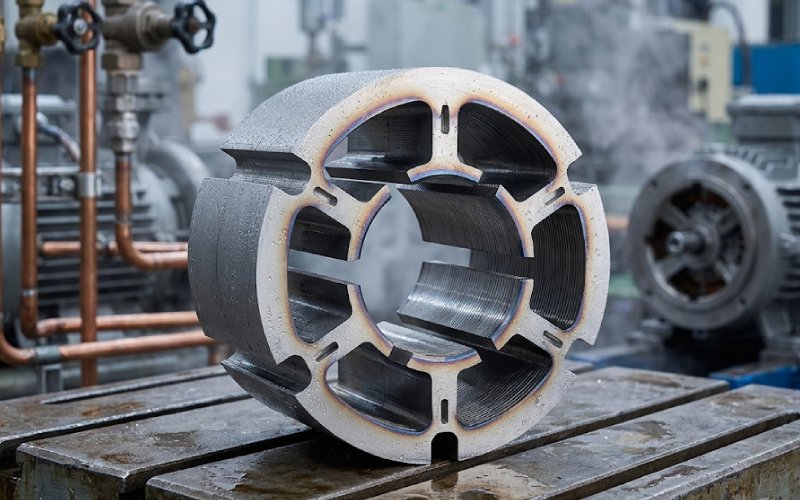 Pump motor lamination core in a humid environment showing condensation and thermal cycling stress