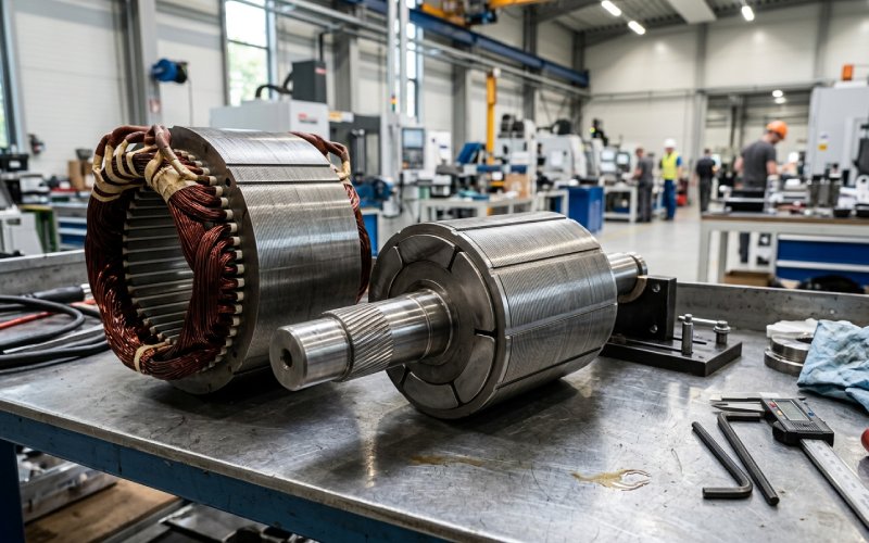 Rotor and stator lamination stack components prepared for EV motor assembly