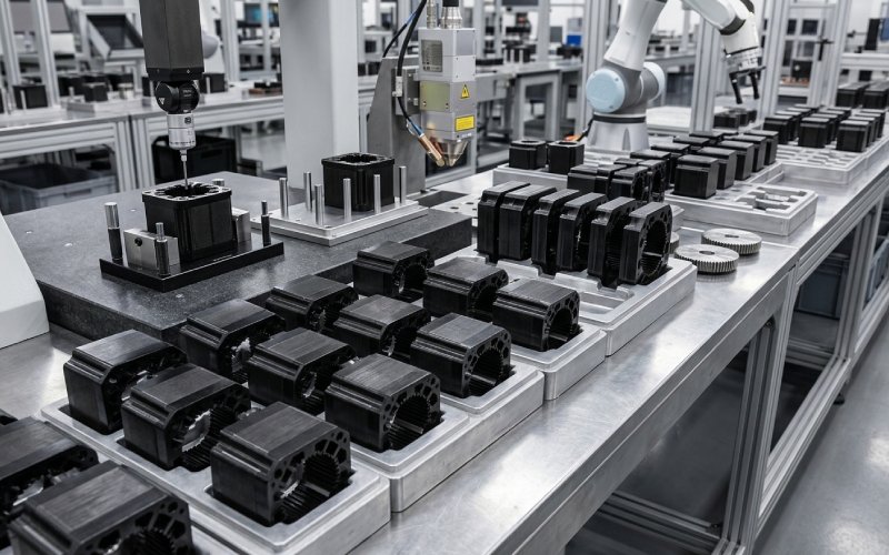 Stepper motor lamination stacks arranged in a factory setting for precision production and inspection