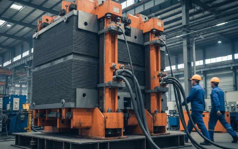 assembled transformer core on test stand