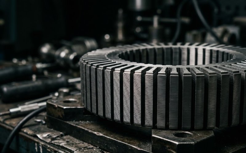 A highly detailed, realistic view of a humanoid robot's shoulder and upper arm joint assembly in a clean, professional workshop environment. The assembly features exposed, sophisticated mechanical linkages, titanium and carbon fiber textures, and visible heavy-duty motor housings integrated into the frame. The lighting is cinematic, accentuating the metallic sheen and the complex mechanical design. No human, no backgrounds showing text, no words, no letters, no watermark. --ar 8:5 --no text, textless, words, letters, labels, symbols, sign