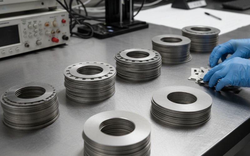 different motor lamination stacks on lab table