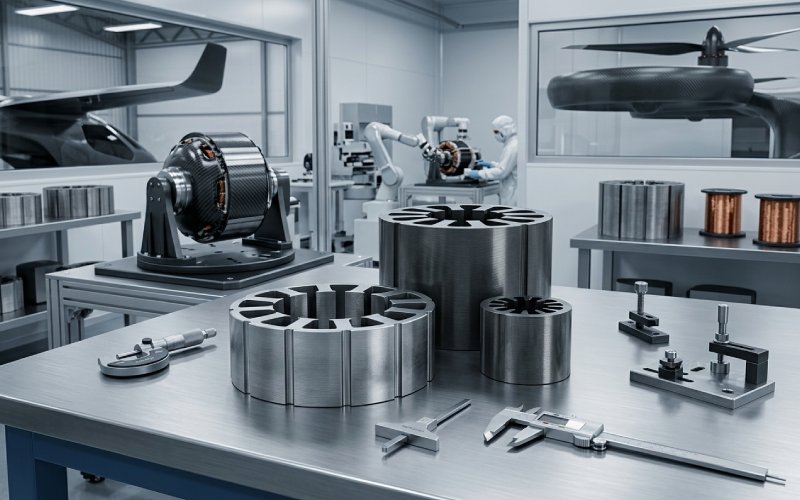 eVTOL motor lamination stacks in an aerospace manufacturing setting