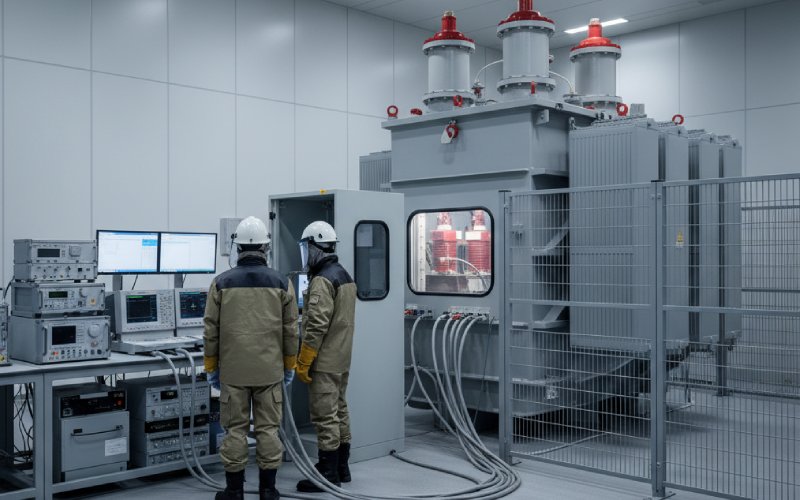 engineers testing transformer no load loss