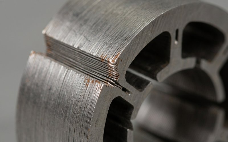lamination stack edges showing fine layers, burrs, and early corrosion