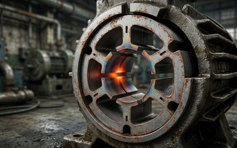 pump motor lamination stack showing corrosion, moisture, and localized overheating