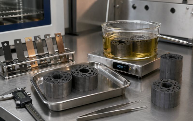 Bonded lamination samples prepared for heat and oil resistance testing