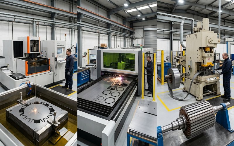 Comparison of wire EDM, laser cutting, and stamping processes for motor lamination production