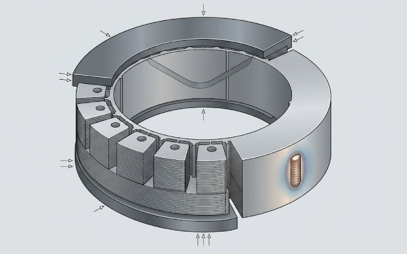Cutaway view of a clamped motor lamination stack with outer-edge weld area