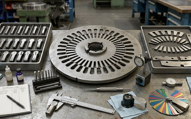 Disassembled lamination stamping die prepared for preventive maintenance inspection