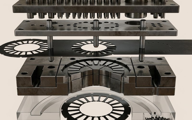 Exploded view of progressive die structure for stamping motor laminations