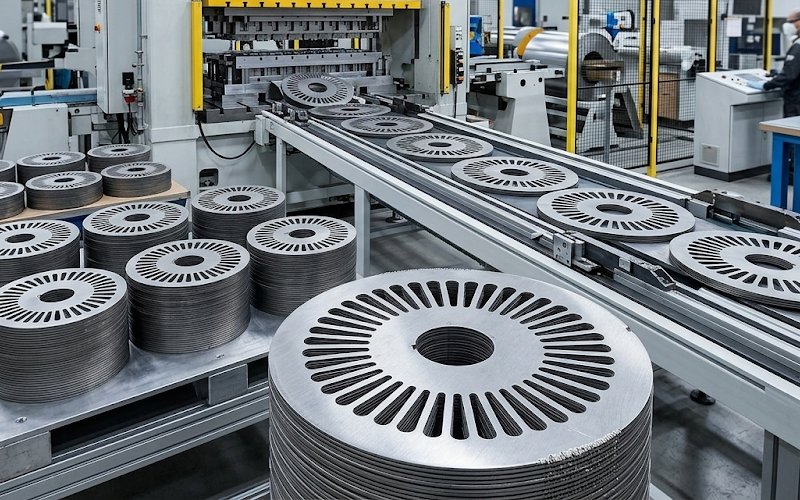 High-speed lamination stamping line producing thin motor core laminations