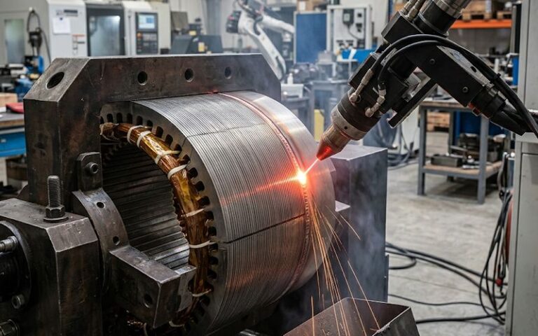 Laser welding of a motor lamination stack held in a precision fixture