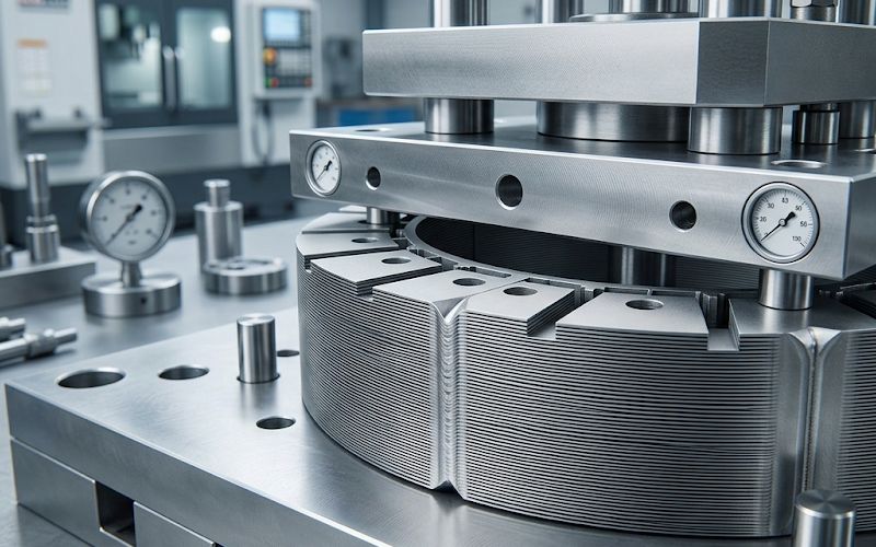 Motor lamination stack clamped evenly in a fixture before welding