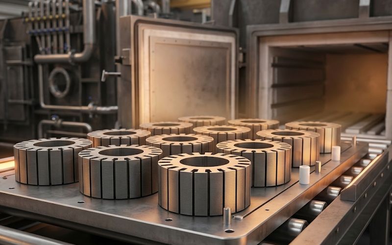 Motor lamination stacks in a controlled stress-relief annealing furnace environment