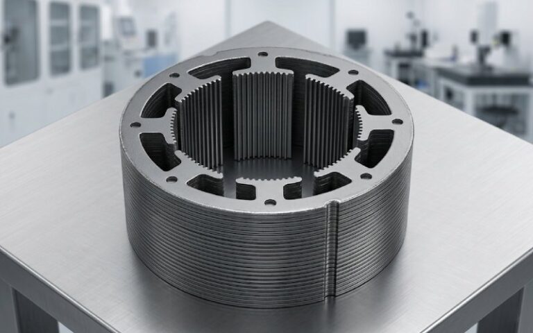 きれいにカットされたエッジと層状の電気鋼構造を強調するモーター・ステーター・ラミネーション・スタック