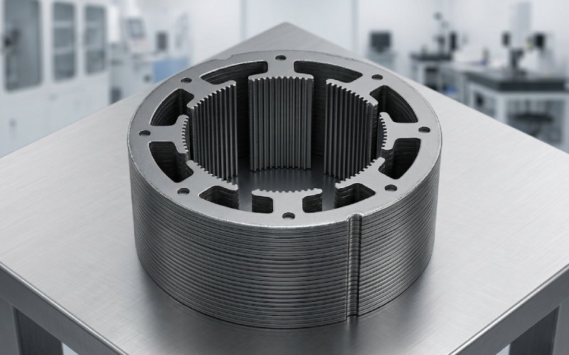 きれいにカットされたエッジと層状の電気鋼構造を強調するモーター・ステーター・ラミネーション・スタック