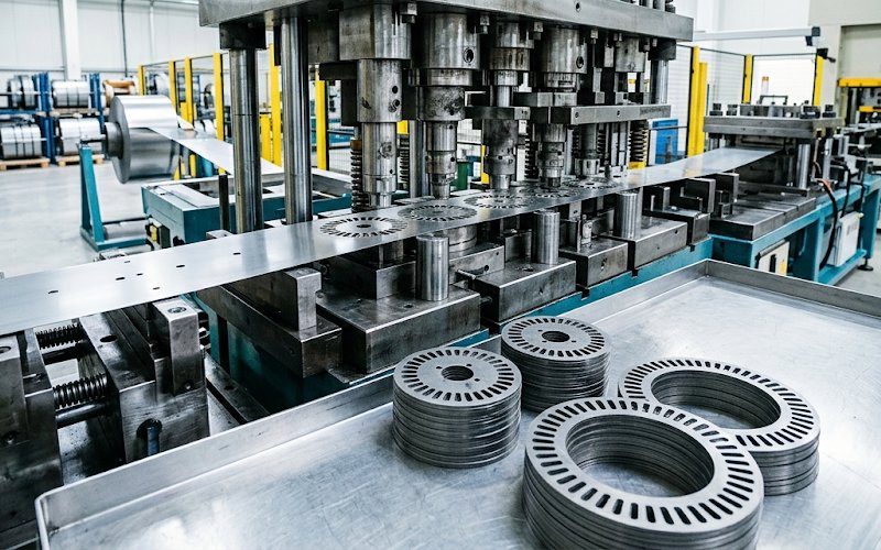 Progressive die stamping line producing motor laminations from electrical steel strip