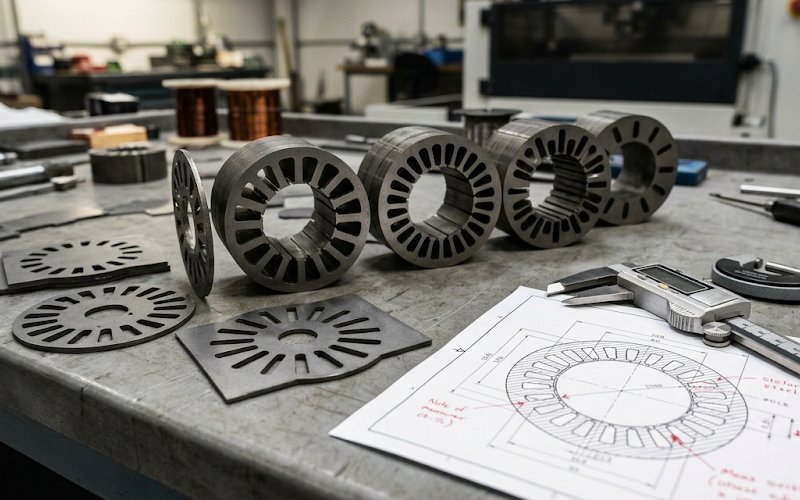 Prototype motor lamination samples with different wire EDM cut profiles on an engineering table