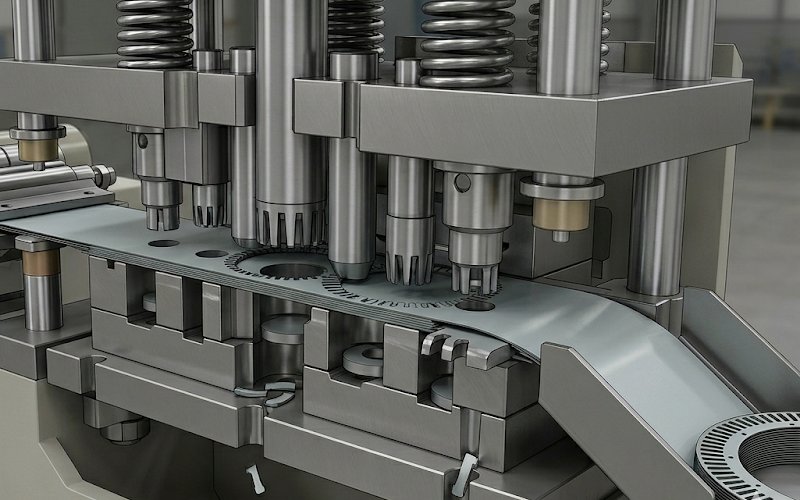 Starrer Abstreifer und gestaffelte Stempel zur Kontrolle von dünnem Elektroband während des Stanzens