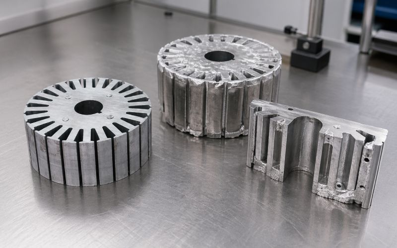 Stratification du rotor, rotor partiellement coulé et échantillon en coupe utilisé pour la validation de la qualité du moulage