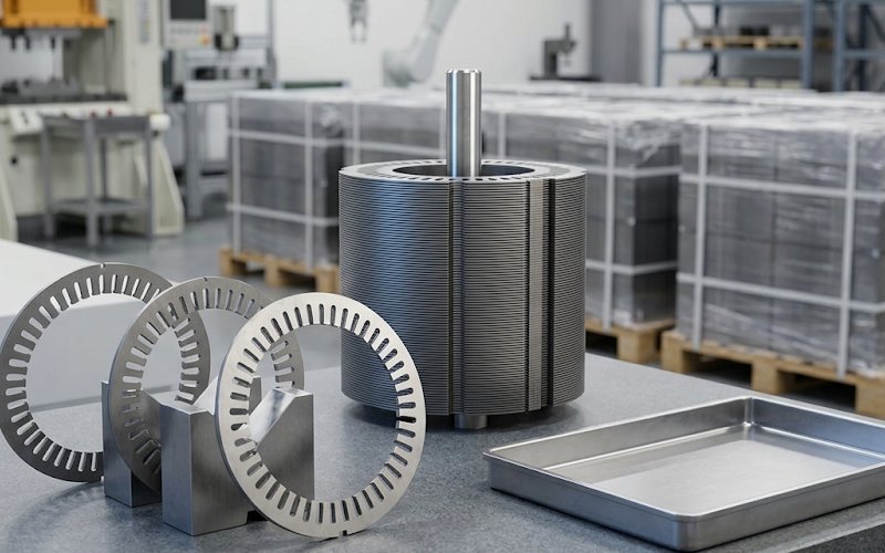 프로토타입 부품에서 생산 코어 어셈블리로의 전환을 보여주는 단일 및 적층 모터 라미네이션