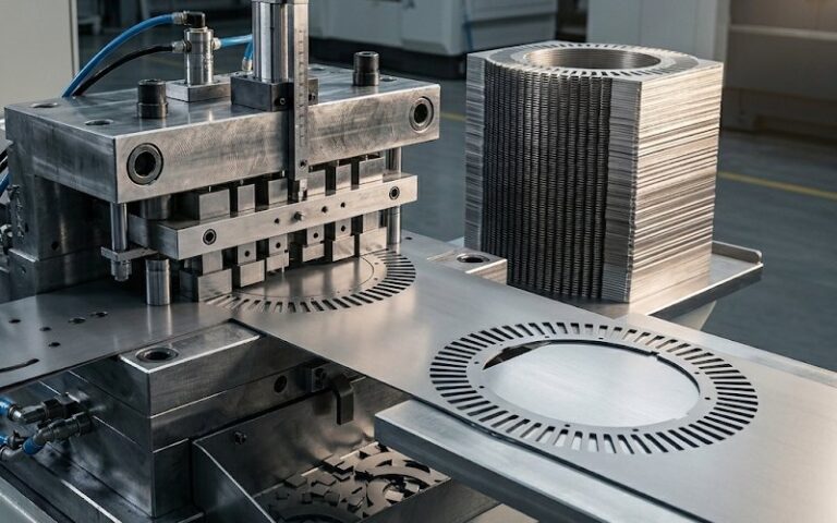 Thin electrical steel lamination stamping die with precision tooling and flat strip feed