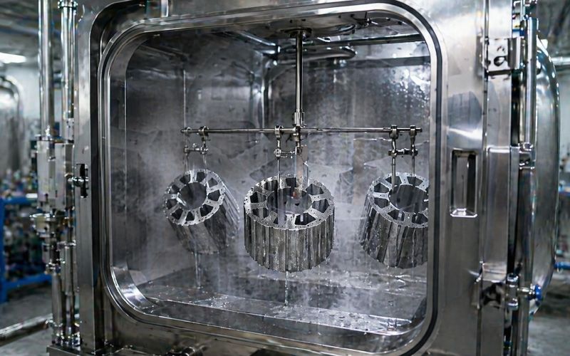 Vapor degreasing system cleaning assembled lamination stacks without water residue