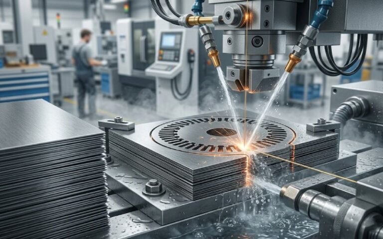 Wire EDM cutting motor laminations beside stacked electrical steel sheets in a precision manufacturing setting