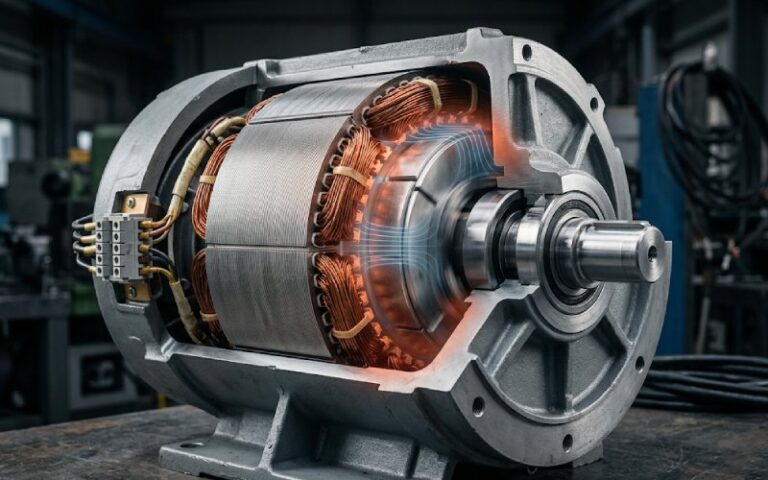 gearless elevator traction motor highlighting the lamination stack, stator teeth, and rotor