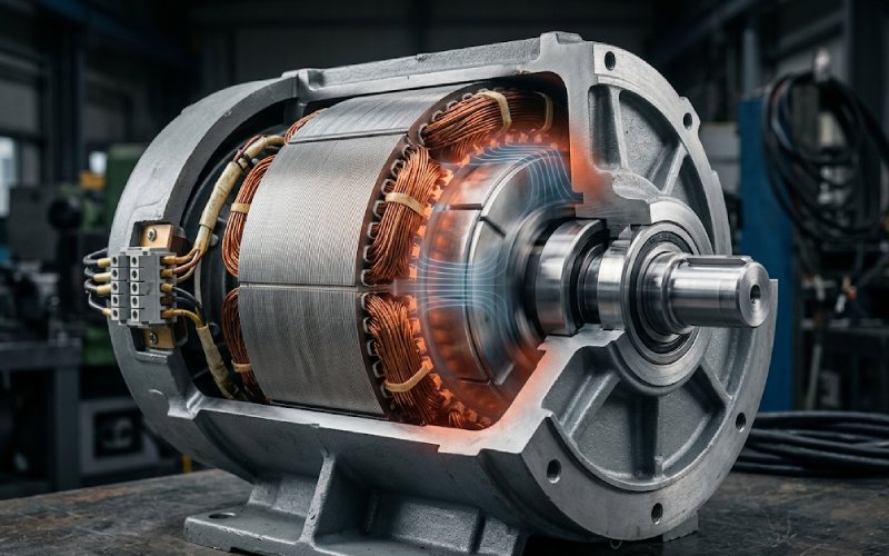 gearless elevator traction motor highlighting the lamination stack, stator teeth, and rotor