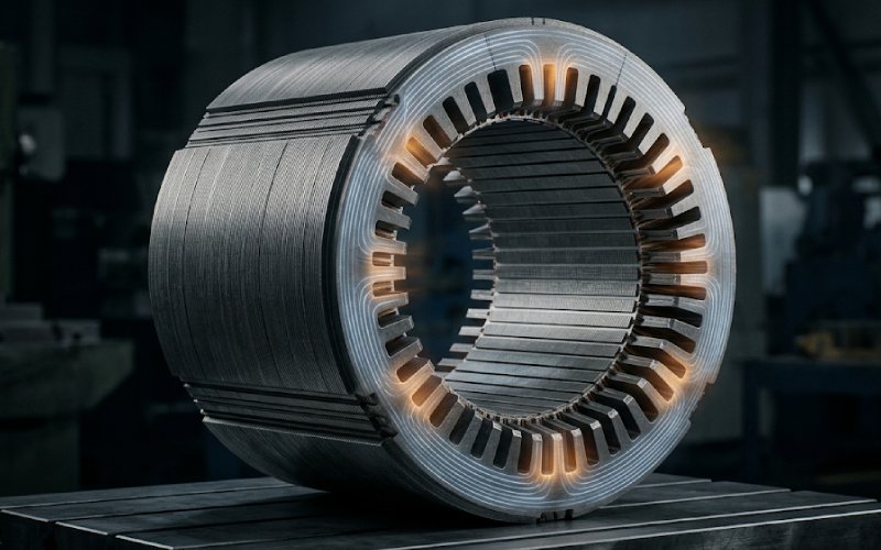 laminated iron core of the motor stator, showing the magnetic flux path and local iron loss hotspots