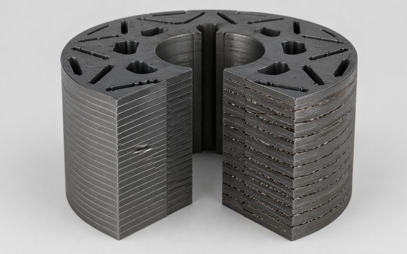 lamination stack showing thin adhesive bond lines between steel sheets