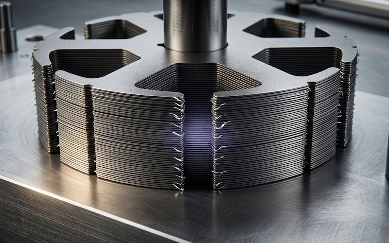 stacked motor laminations with visible edge burrs and localized heat risk