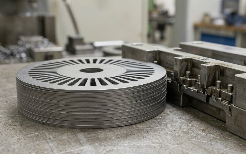 stator and rotor laminations with fine stamped features and stacked parts