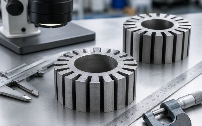 Amorphous motor core lamination stack with thin metallic layers