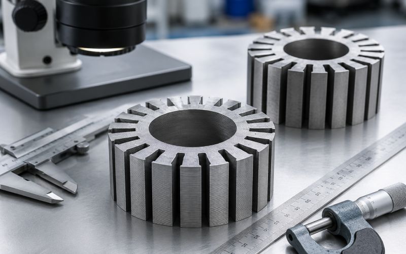 Amorphous motor core lamination stack with thin metallic layers