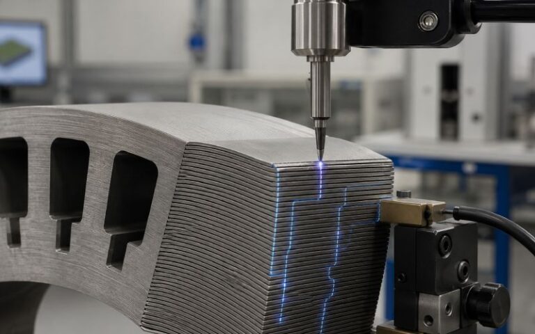Interlaminar resistance testing probe on a motor lamination stack cross-section