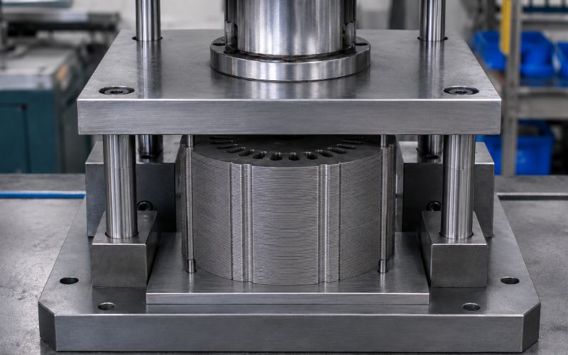 Lamination stack compressed in fixture
