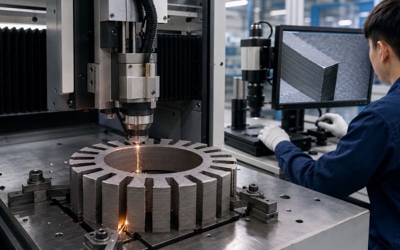 Precision cutting of an amorphous motor core stack