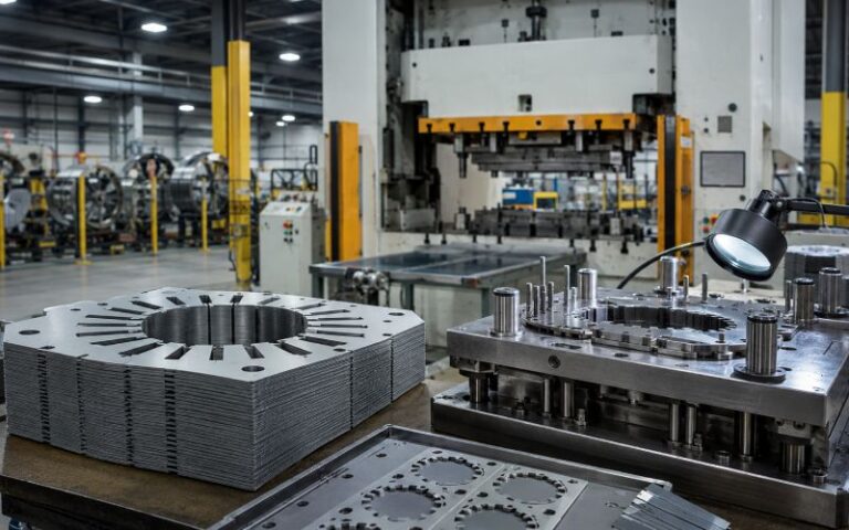 Precision lamination stamping process with stacked electrical steel laminations