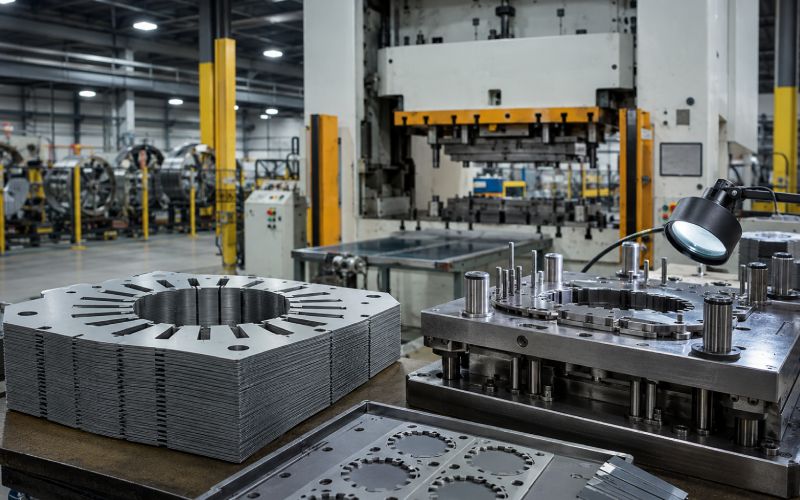 Precision lamination stamping process with stacked electrical steel laminations