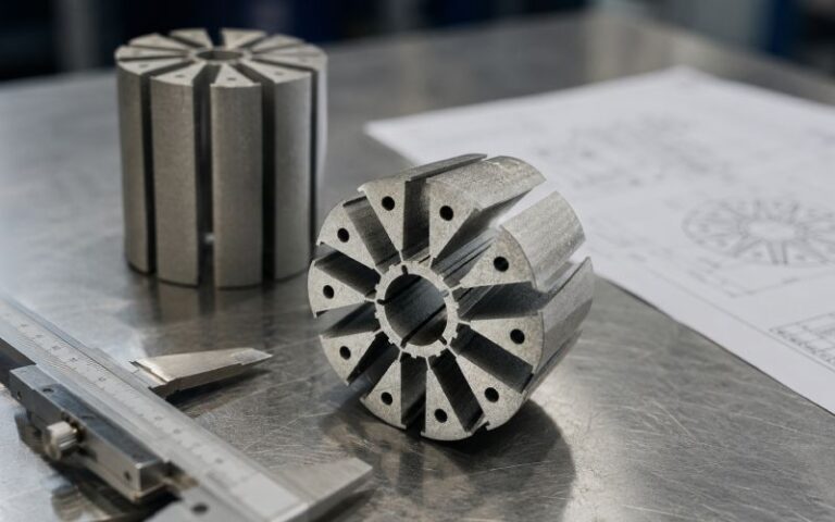 Prototype lamination stack on an engineering workbench