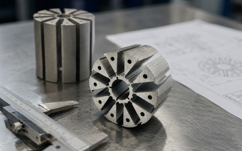 Prototype lamination stack on an engineering workbench